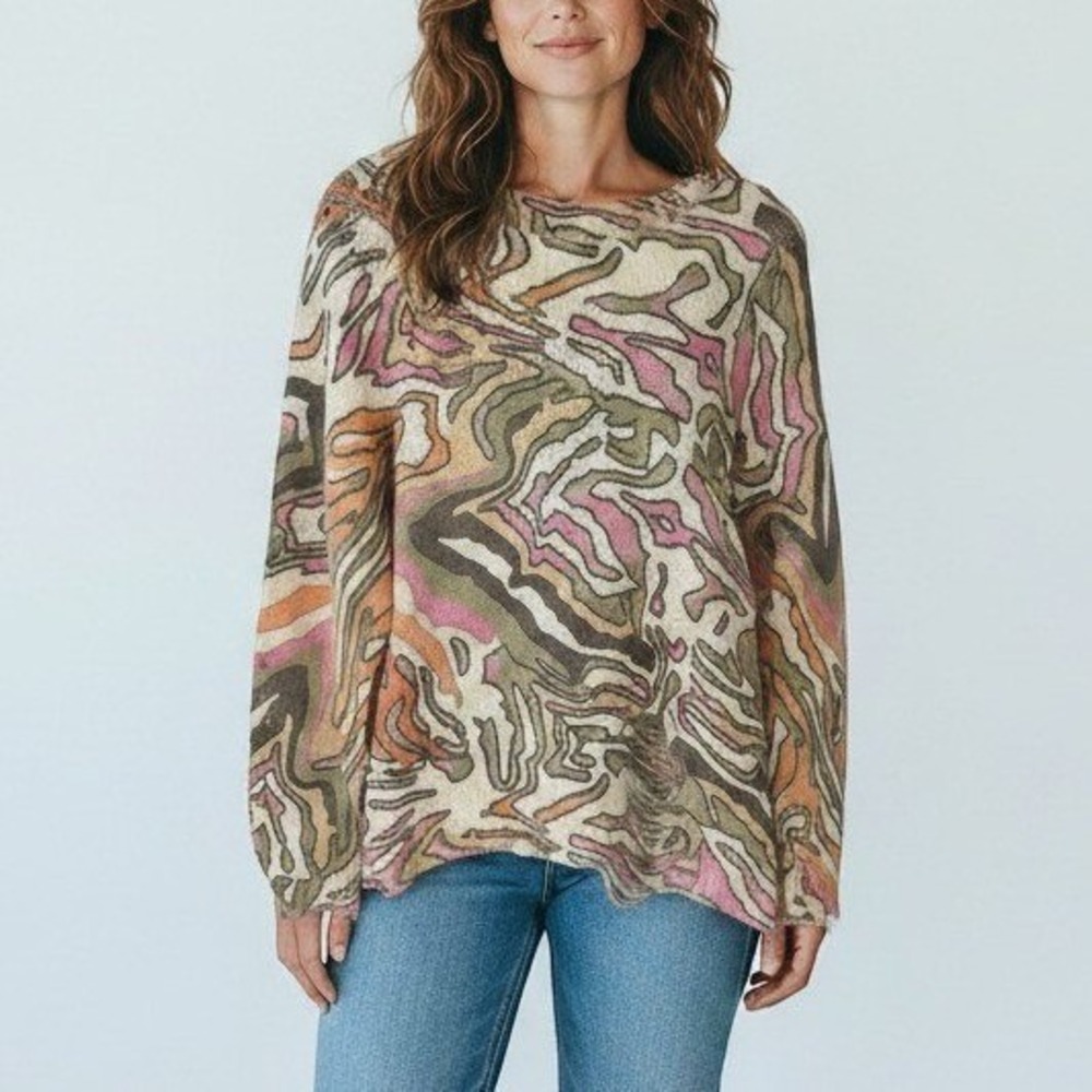 Umgee‎ Sweater Womens Large Multicolor Abstract Swirl Distressed Pullover Boho